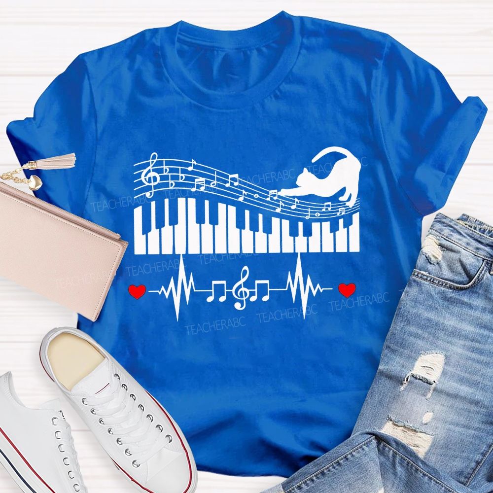 Cat Playing Music Heart Beating To The Beat Teacher T-shirt