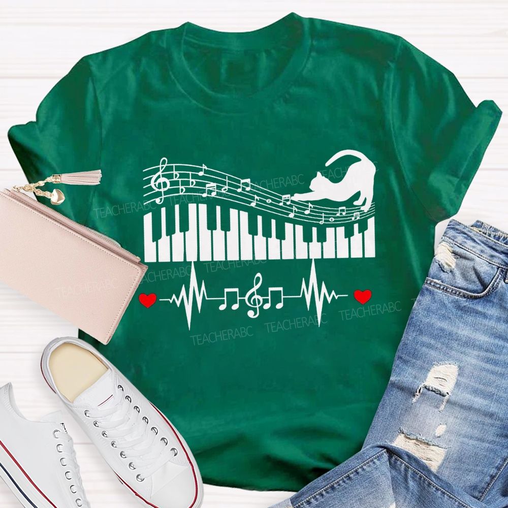 Cat Playing Music Heart Beating To The Beat Teacher T-shirt