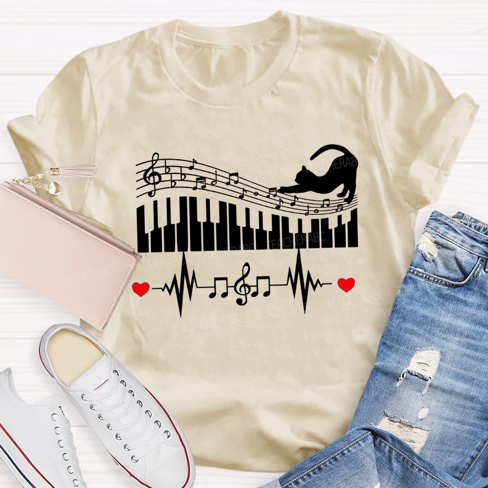 Cat Playing Music Heart Beating To The Beat Teacher T-shirt