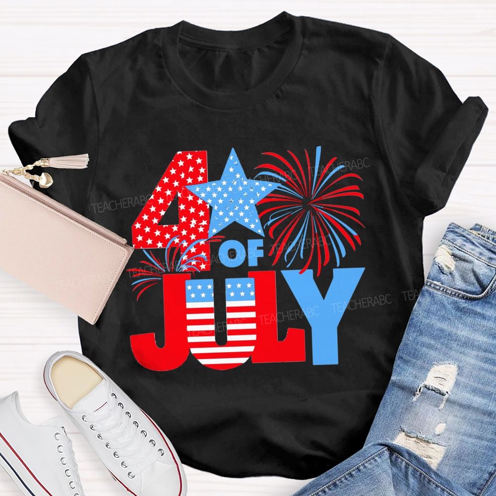 4th Of July American Flag Fireworks Patriotic Teacher T-shirt