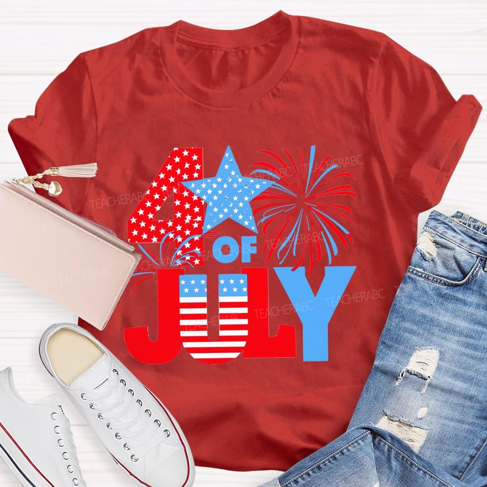 4th Of July American Flag Fireworks Patriotic Teacher T-shirt