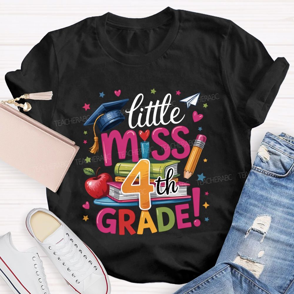 Personalized Grade Little Miss 4th Grade Apple Book Pencil  Teacher T-shirt