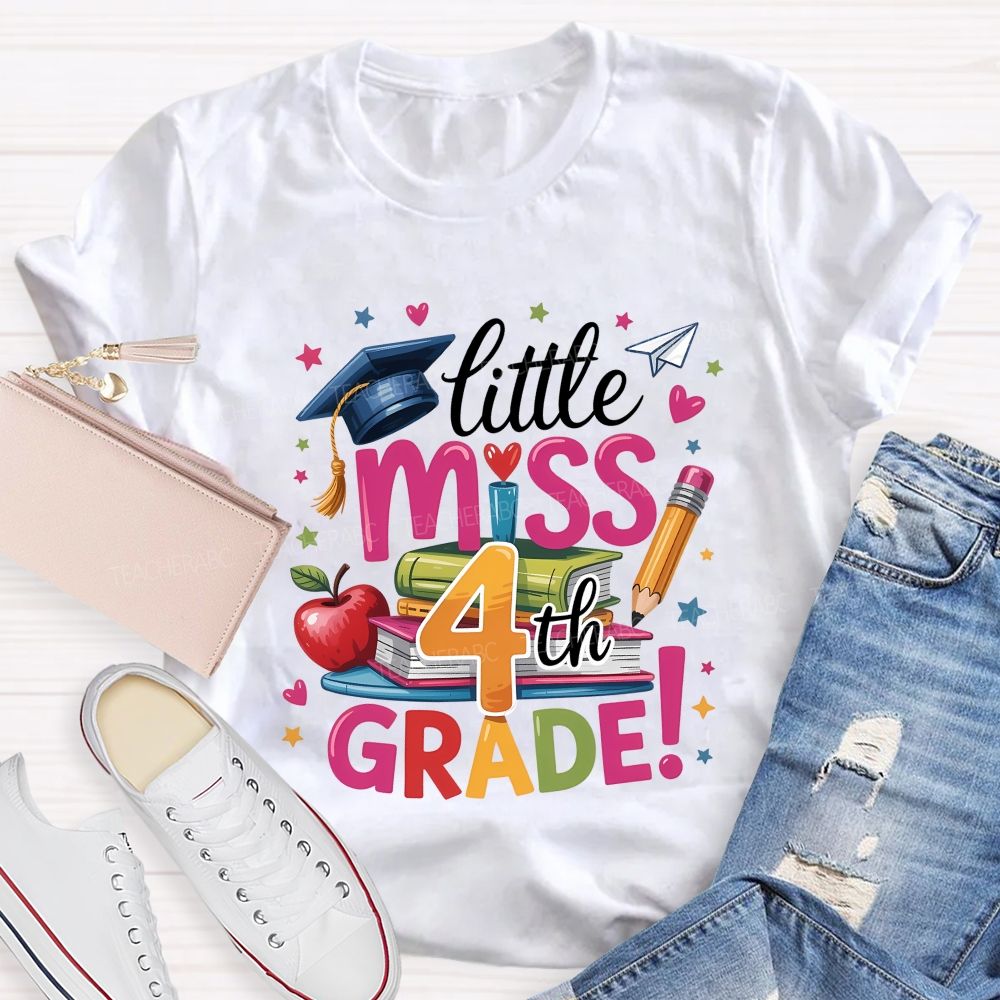 Personalized Grade Little Miss 4th Grade Apple Book Pencil  Teacher T-shirt