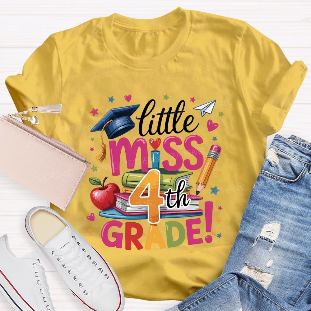 Personalized Grade Little Miss 4th Grade Apple Book Pencil  Teacher T-shirt