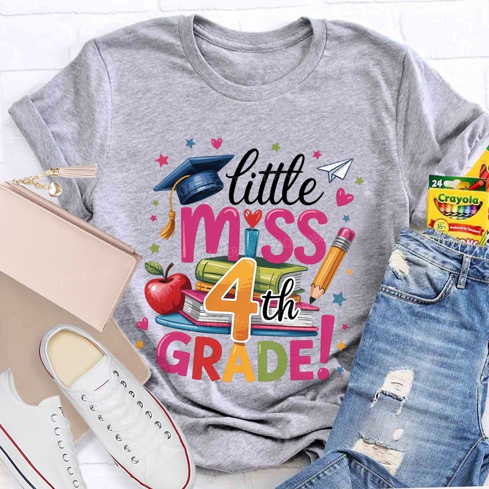 Personalized Grade Little Miss 4th Grade Apple Book Pencil  Teacher T-shirt