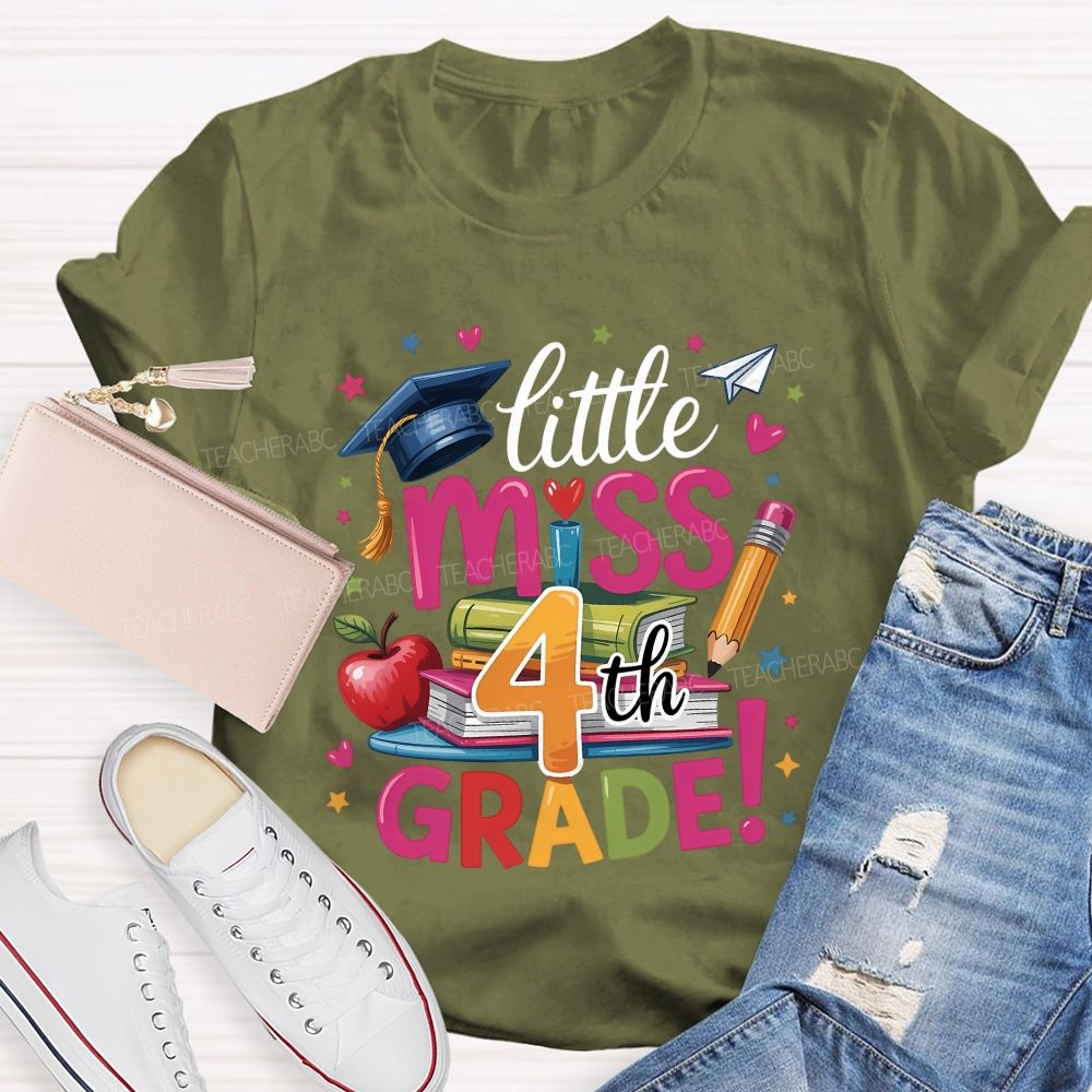 Personalized Grade Little Miss 4th Grade Apple Book Pencil  Teacher T-shirt