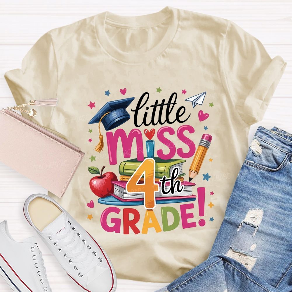 Personalized Grade Little Miss 4th Grade Apple Book Pencil  Teacher T-shirt