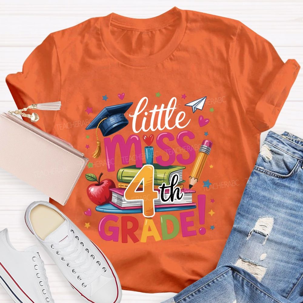 Personalized Grade Little Miss 4th Grade Apple Book Pencil  Teacher T-shirt