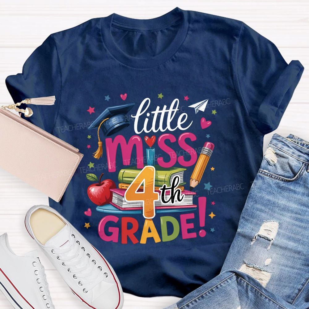Personalized Grade Little Miss 4th Grade Apple Book Pencil  Teacher T-shirt
