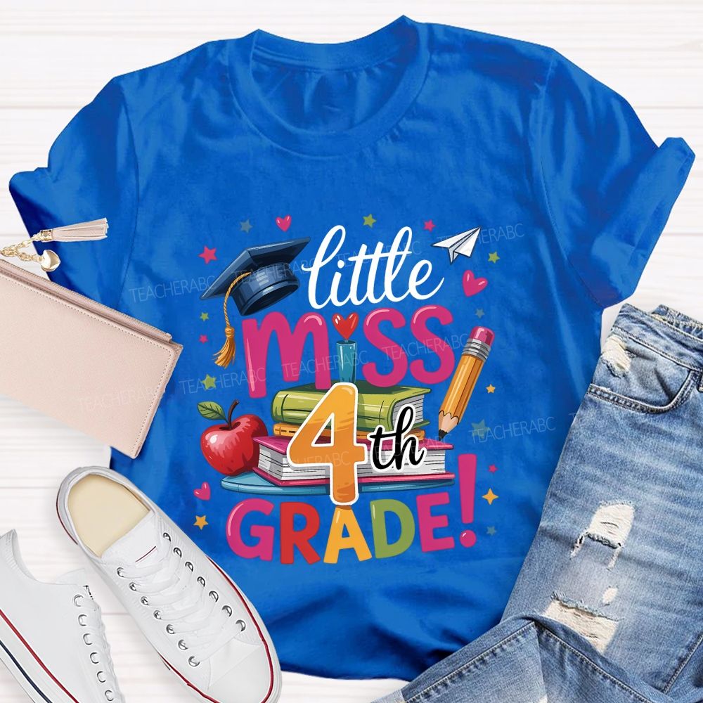 Personalized Grade Little Miss 4th Grade Apple Book Pencil  Teacher T-shirt