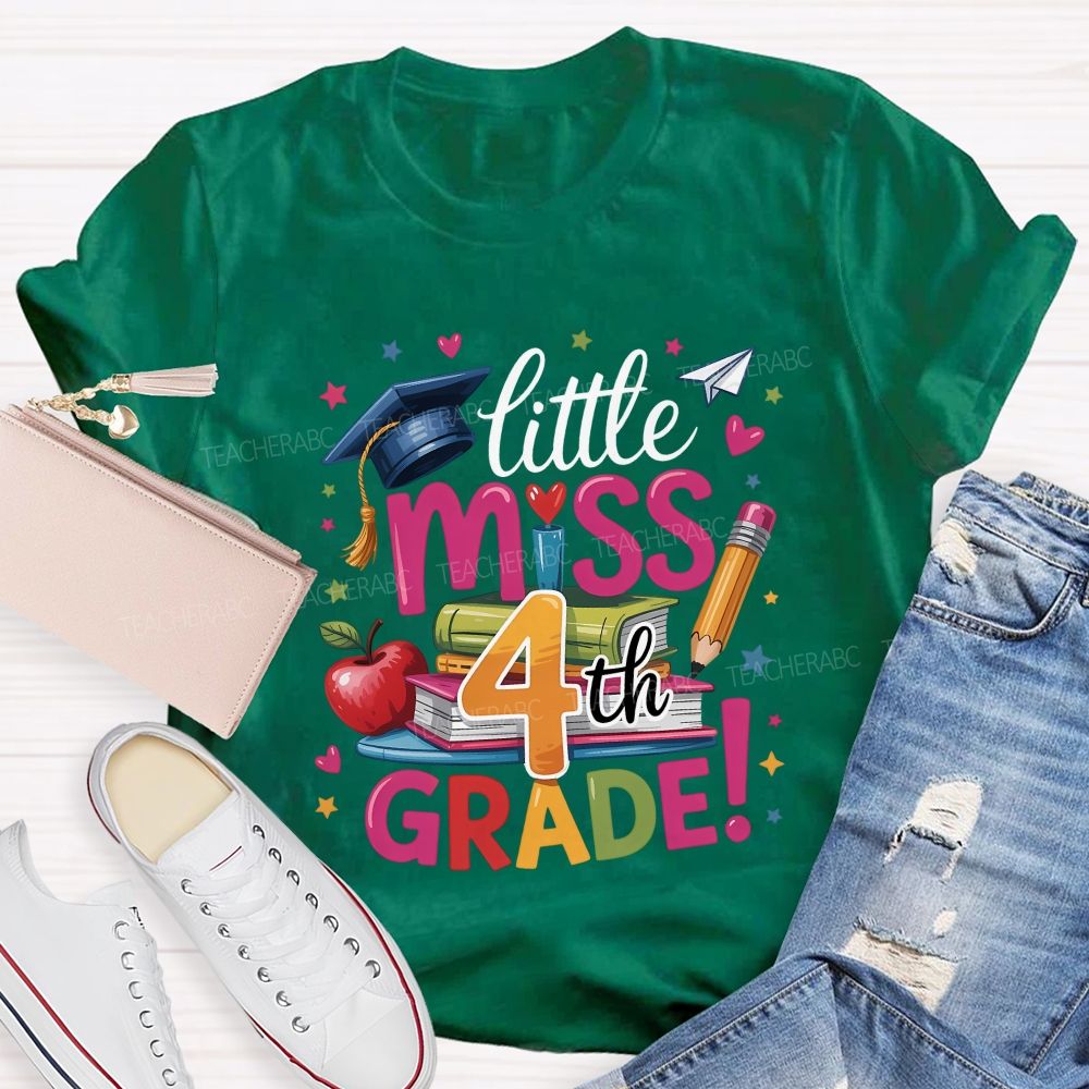 Personalized Grade Little Miss 4th Grade Apple Book Pencil  Teacher T-shirt