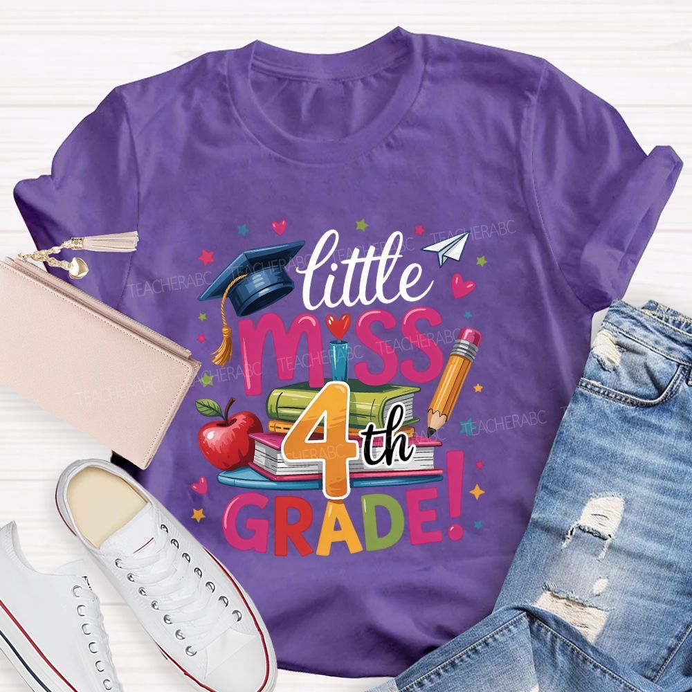 Personalized Grade Little Miss 4th Grade Apple Book Pencil  Teacher T-shirt