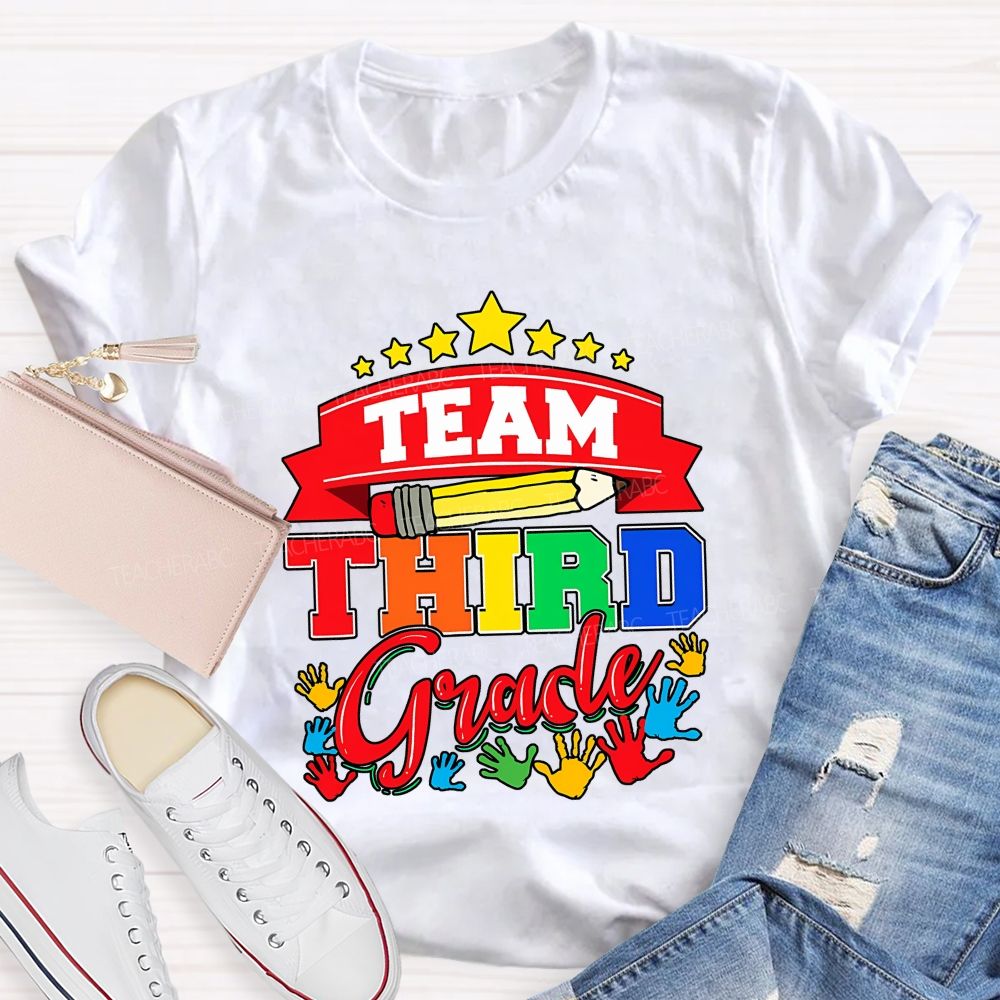 Personalized Grade Team Star Handprint Graphic School Teacher T-shirt