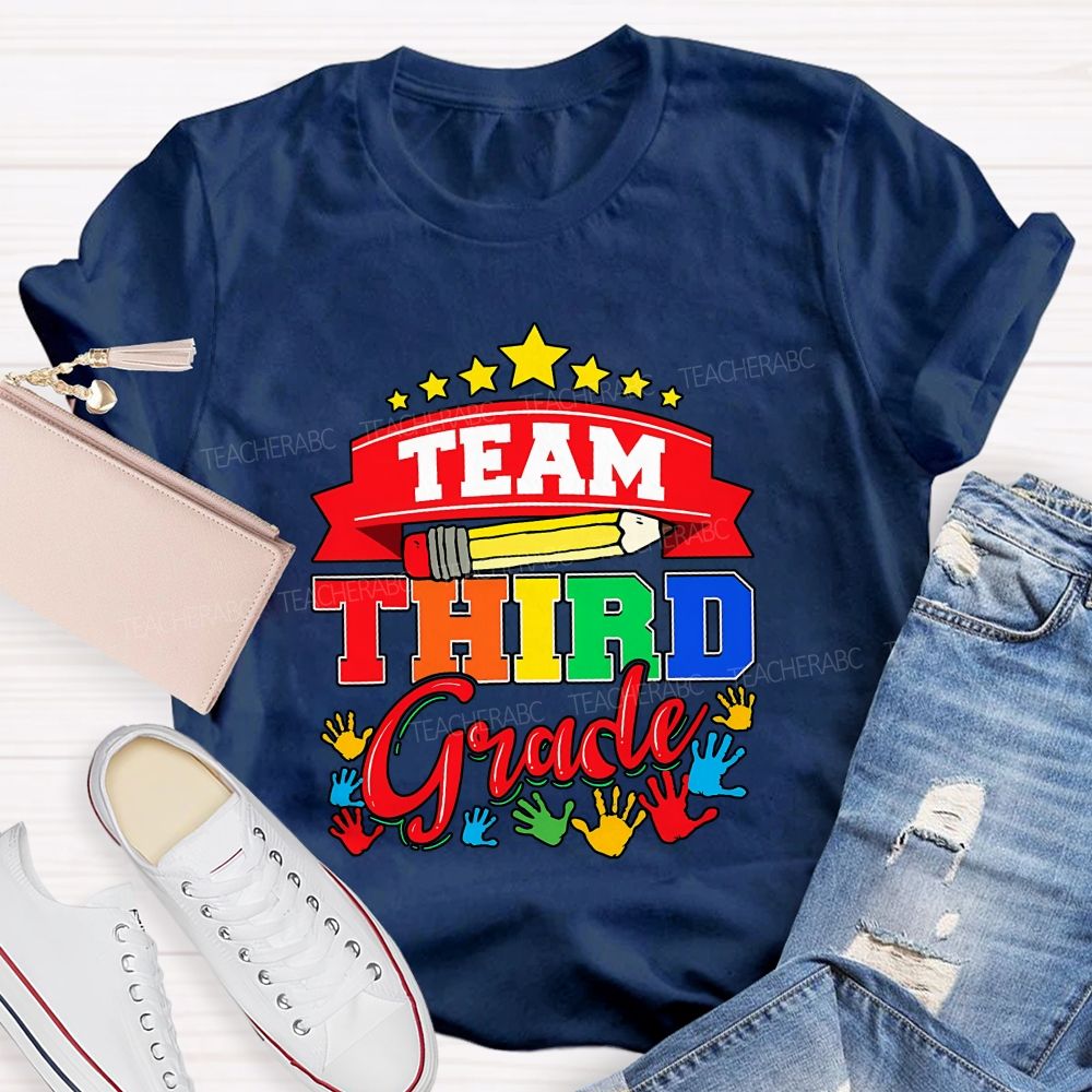 Personalized Grade Team Star Handprint Graphic School Teacher T-shirt