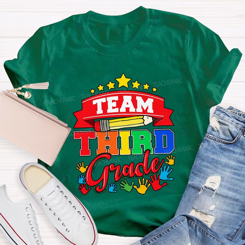 Personalized Grade Team Star Handprint Graphic School Teacher T-shirt