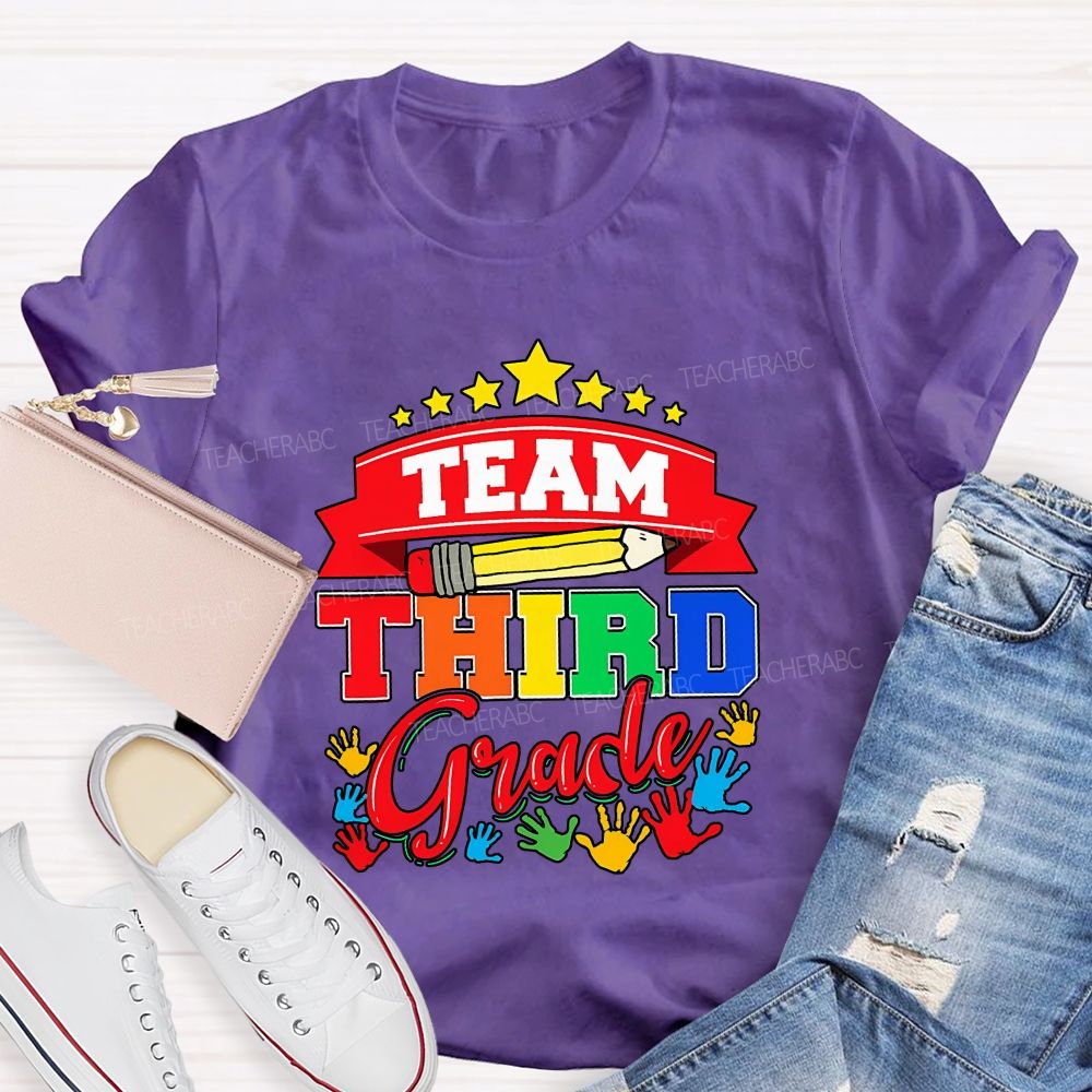 Personalized Grade Team Star Handprint Graphic School Teacher T-shirt