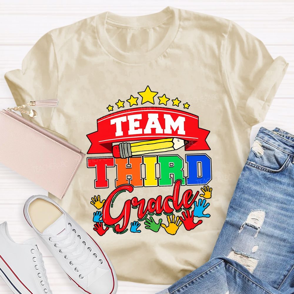 Personalized Grade Team Star Handprint Graphic School Teacher T-shirt