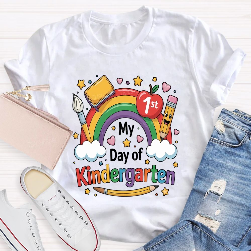 Personalized Grade My First Day Of Kindergarten Rainbow Teacher T-shirt
