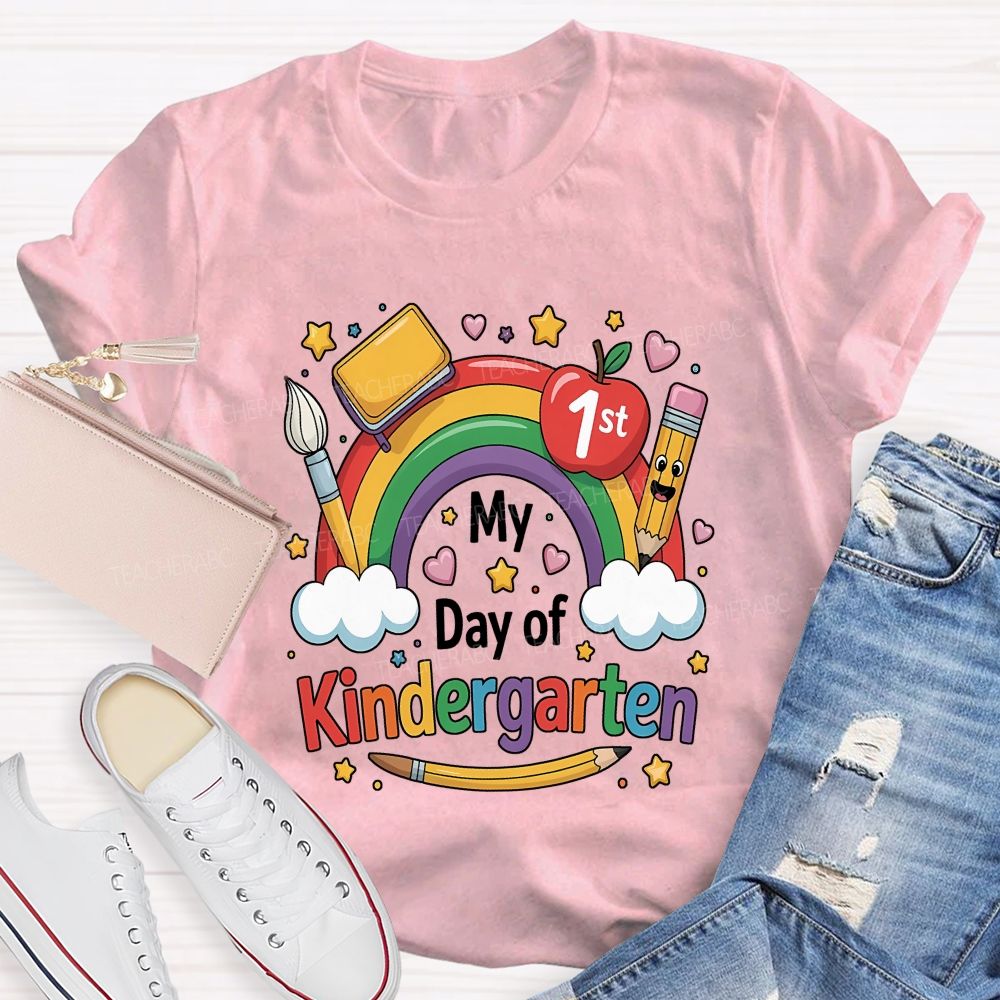 Personalized Grade My First Day Of Kindergarten Rainbow Teacher T-shirt