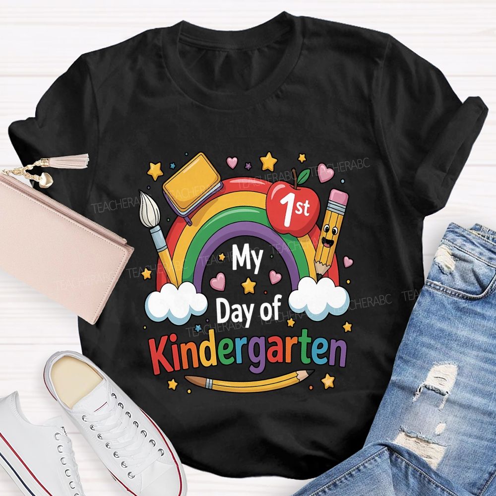 Personalized Grade My First Day Of Kindergarten Rainbow Teacher T-shirt