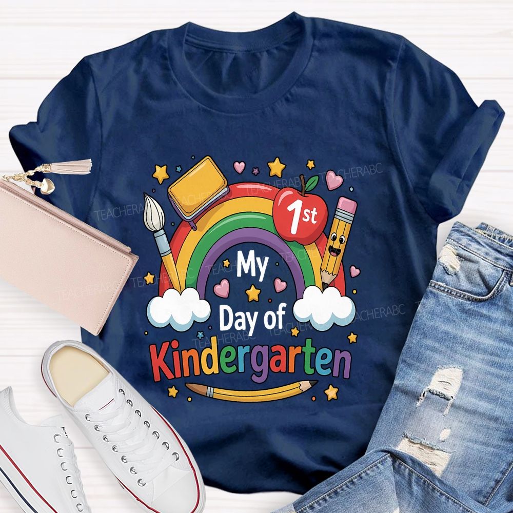 Personalized Grade My First Day Of Kindergarten Rainbow Teacher T-shirt