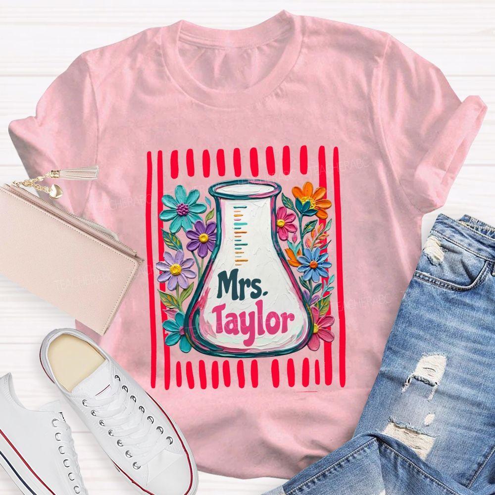 Personalized Name Floral Erlenmeyer Flask Science Teacher T-shirt