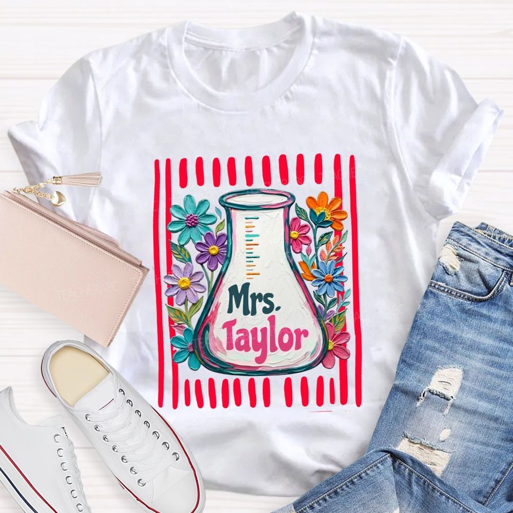Personalized Name Floral Erlenmeyer Flask Science Teacher T-shirt