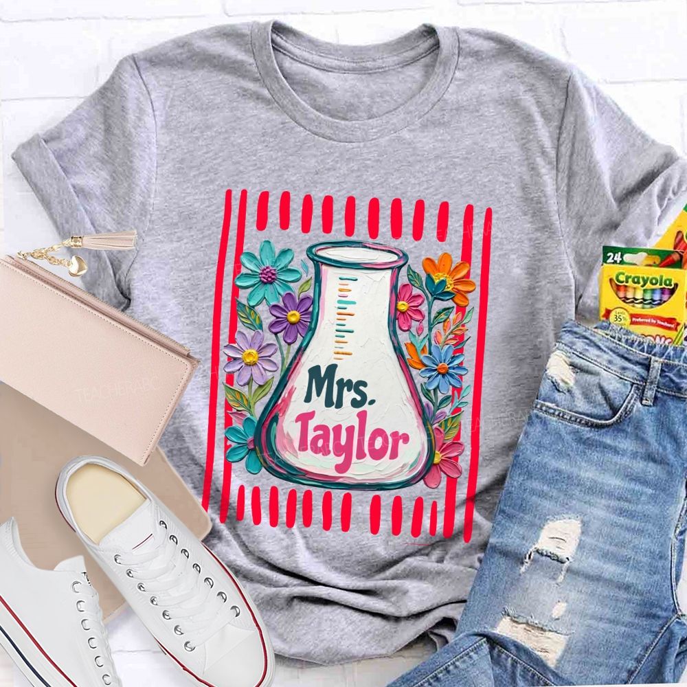 Personalized Name Floral Erlenmeyer Flask Science Teacher T-shirt