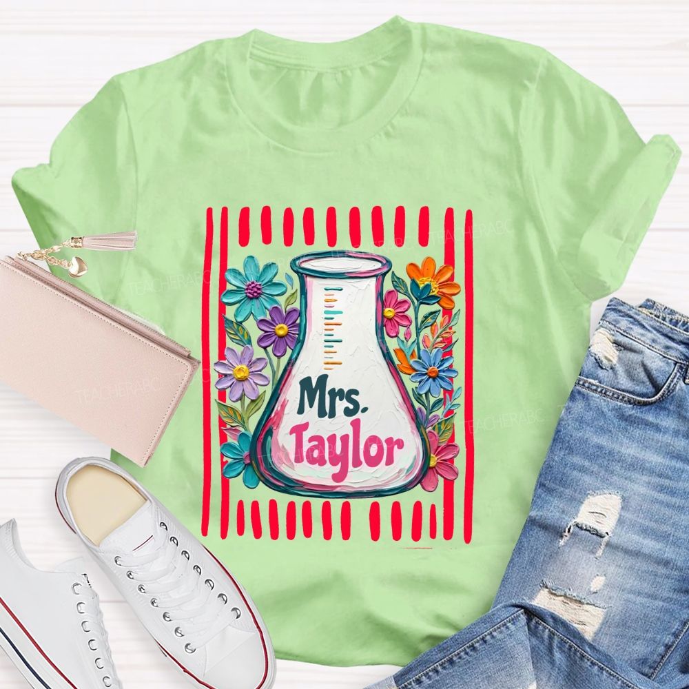 Personalized Name Floral Erlenmeyer Flask Science Teacher T-shirt
