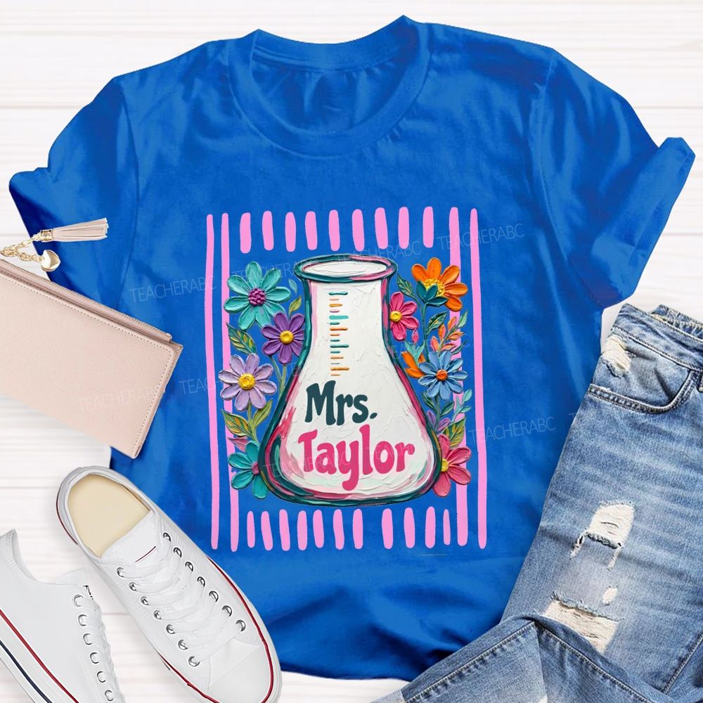 Personalized Name Floral Erlenmeyer Flask Science Teacher T-shirt
