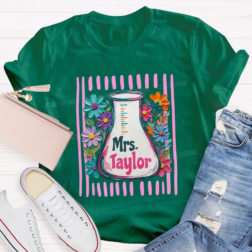 Personalized Name Floral Erlenmeyer Flask Science Teacher T-shirt