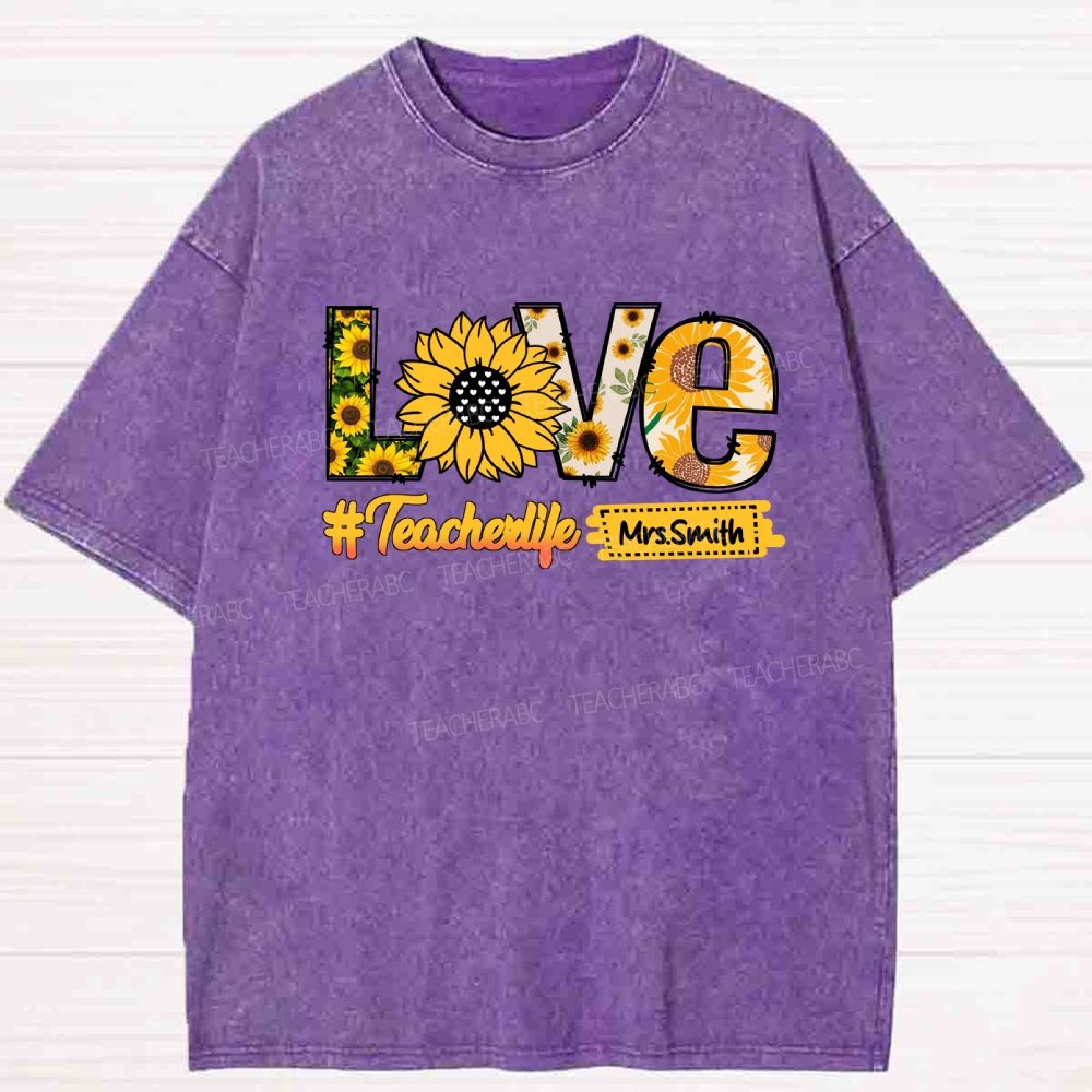 Personalized Name sunflower Teacher life Washed T-shirt