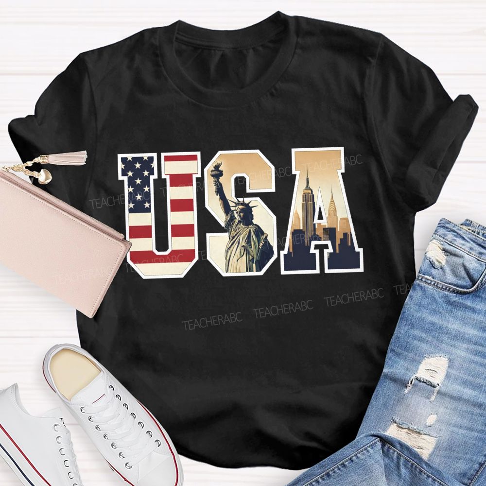 Vintage Usa Patriotic Graphic Tee Flag Statue Of Liberty Teacher T-shirt