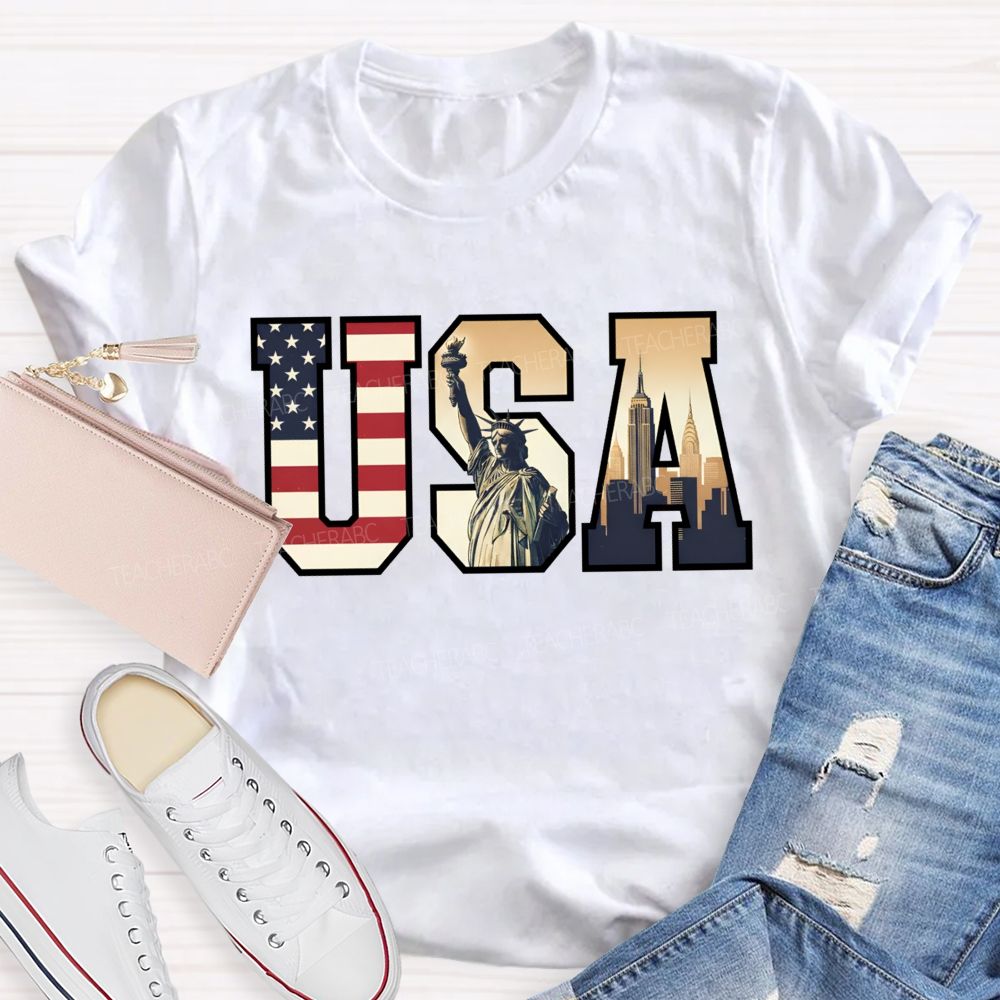 Vintage Usa Patriotic Graphic Tee Flag Statue Of Liberty Teacher T-shirt