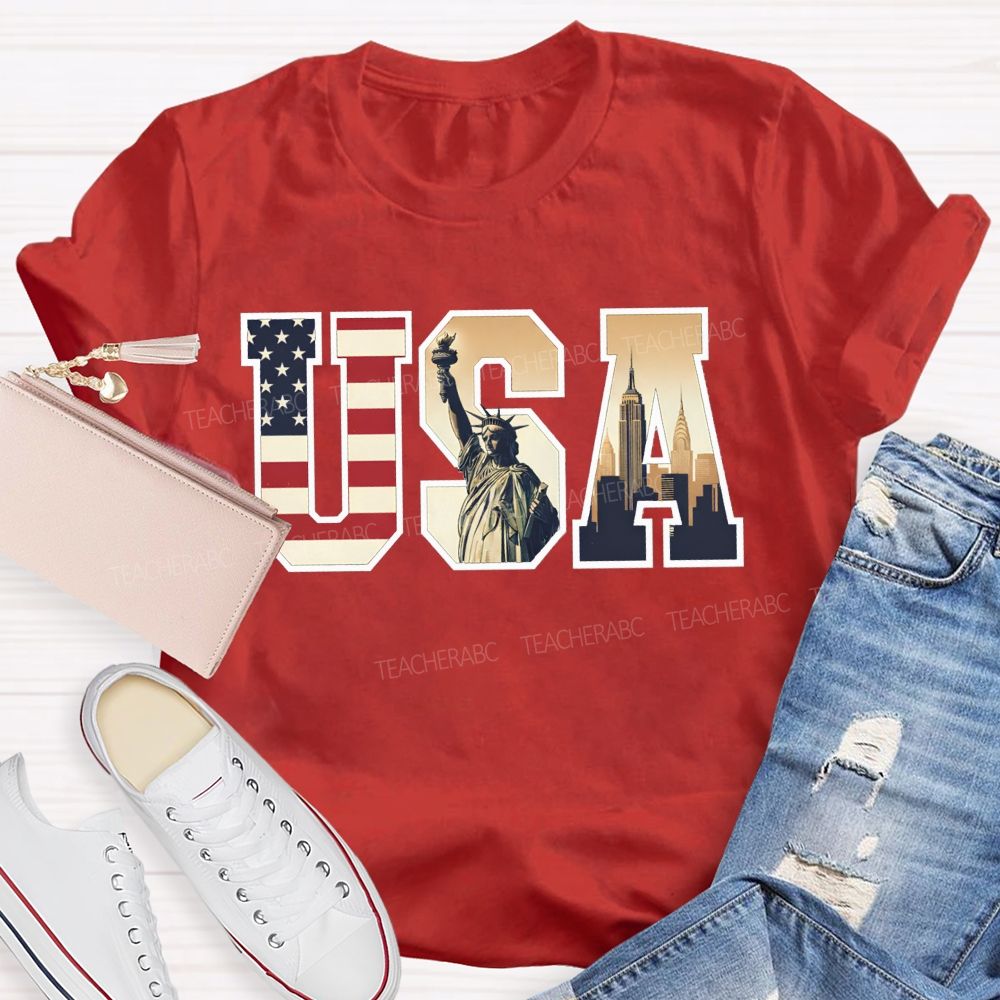 Vintage Usa Patriotic Graphic Tee Flag Statue Of Liberty Teacher T-shirt