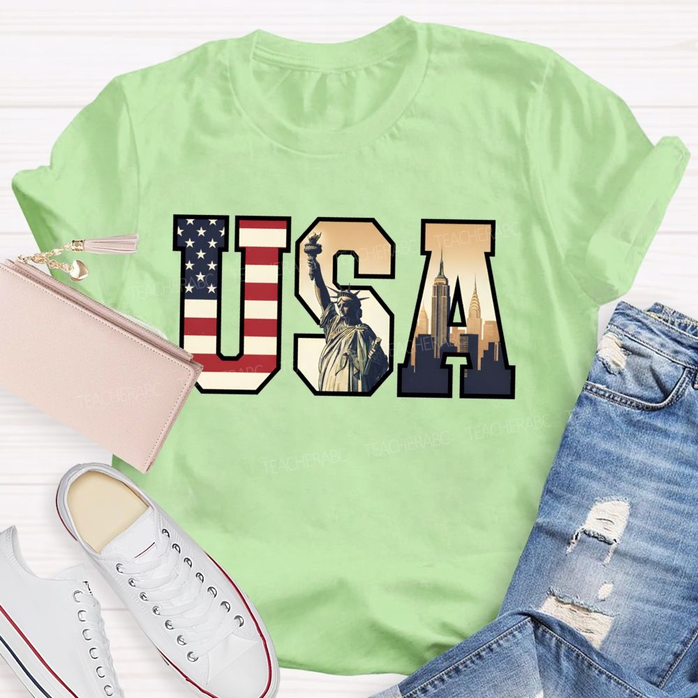 Vintage Usa Patriotic Graphic Tee Flag Statue Of Liberty Teacher T-shirt