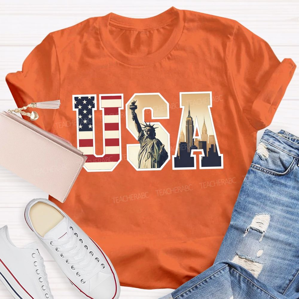 Vintage Usa Patriotic Graphic Tee Flag Statue Of Liberty Teacher T-shirt