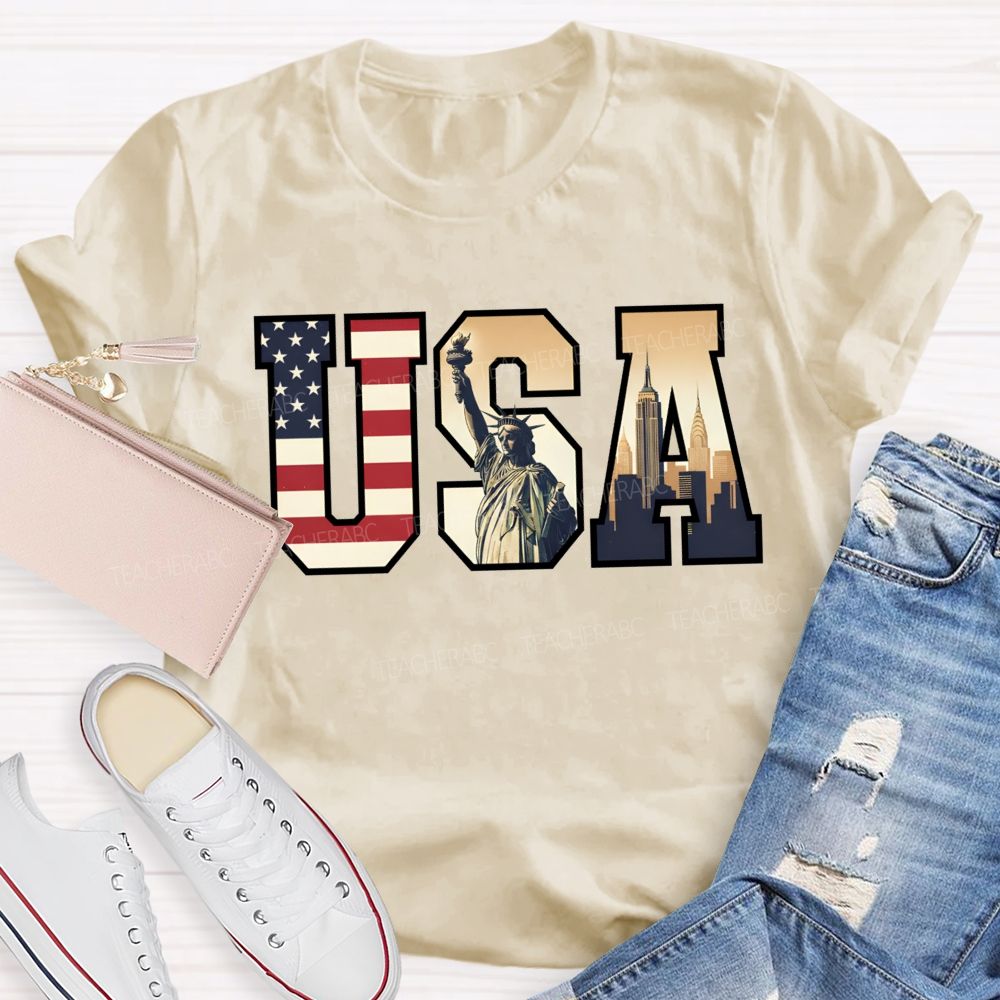 Vintage Usa Patriotic Graphic Tee Flag Statue Of Liberty Teacher T-shirt