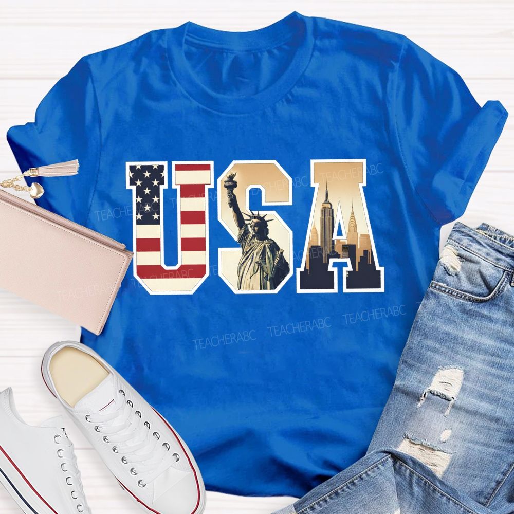 Vintage Usa Patriotic Graphic Tee Flag Statue Of Liberty Teacher T-shirt