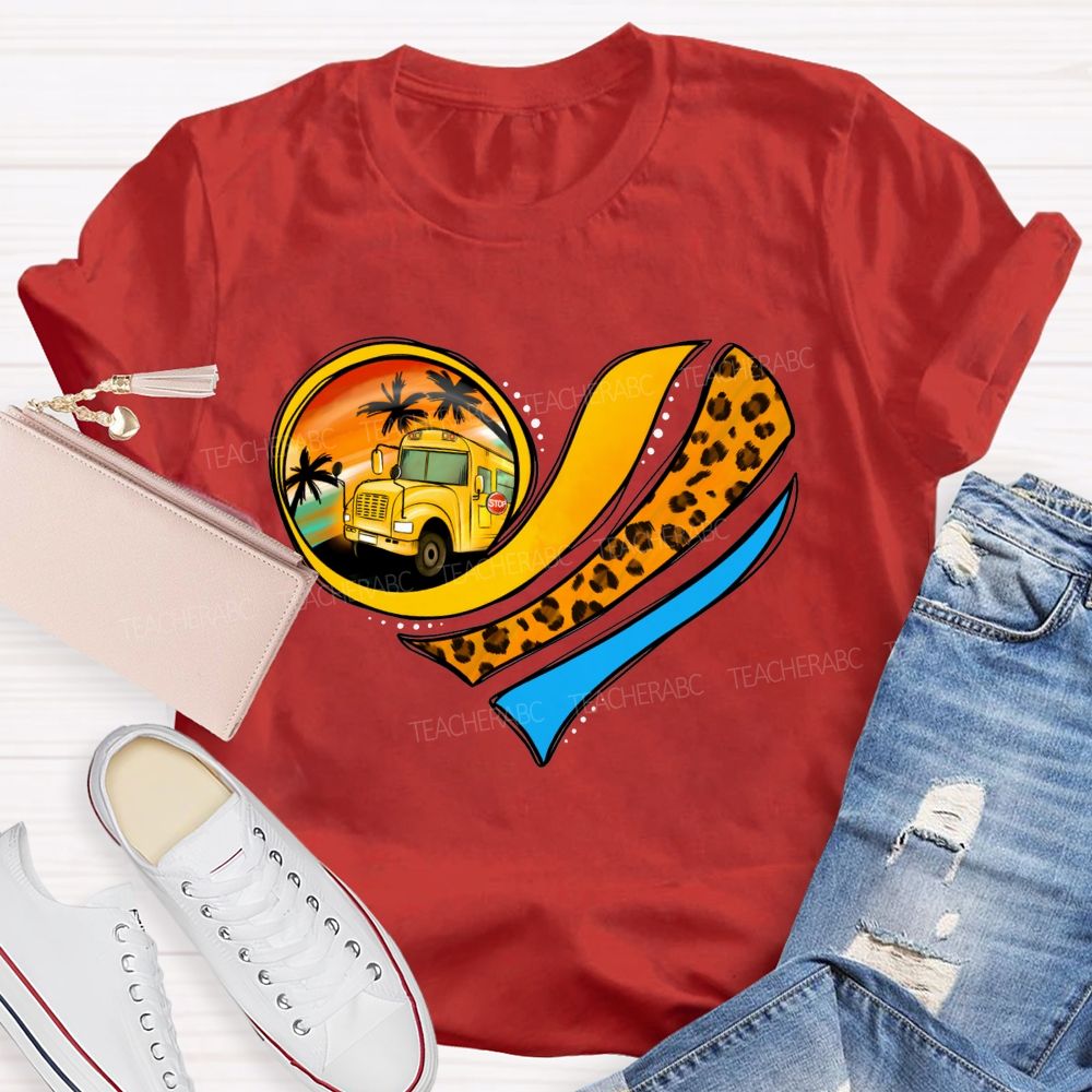 Love My School Bus Driver Leopard Heart Bus T-shirt