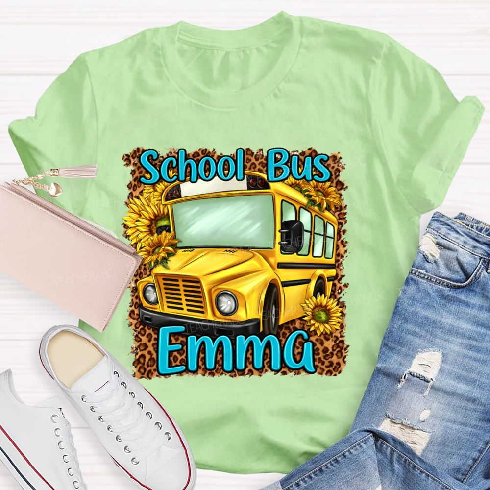 Personalized Name  School Bus Leopard Print Pattern  Teacher T-shirt