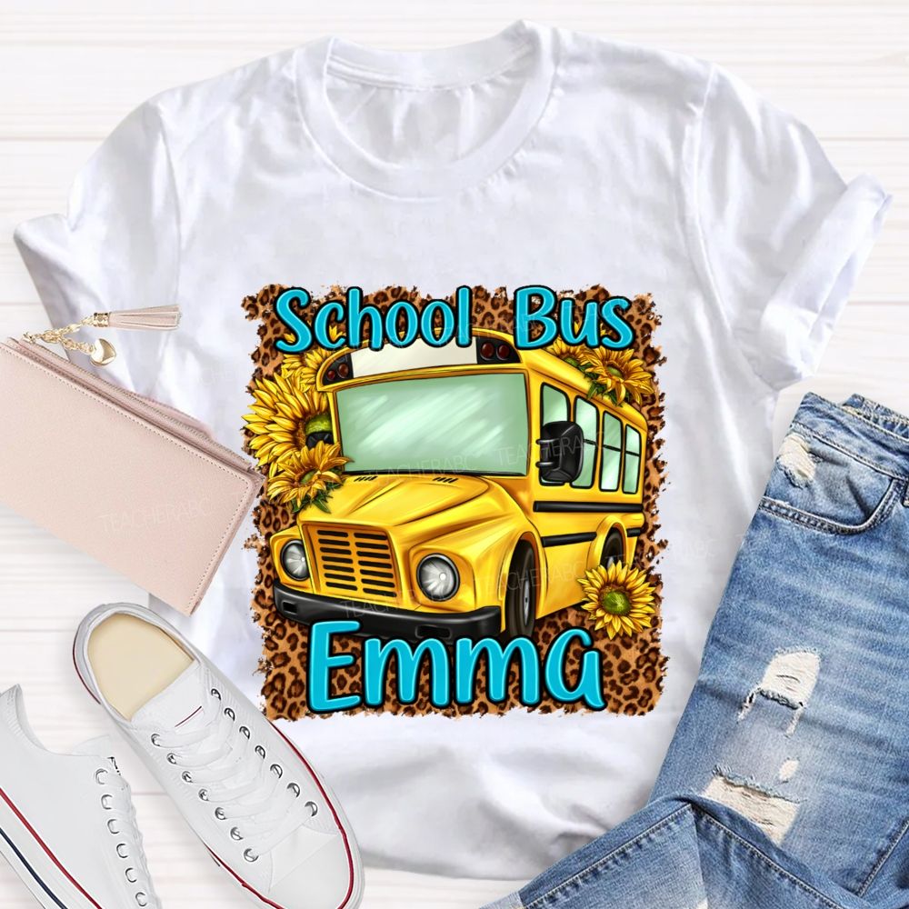 Personalized Name  School Bus Leopard Print Pattern  Teacher T-shirt