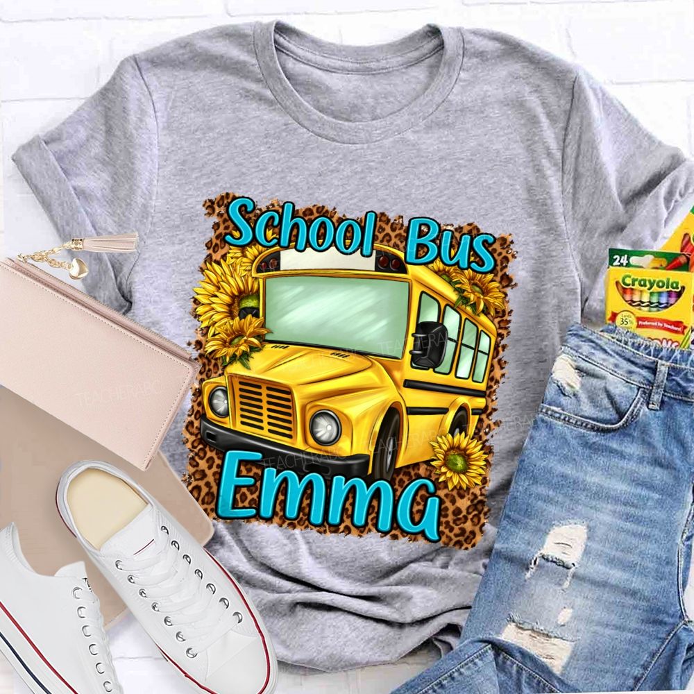 Personalized Name  School Bus Leopard Print Pattern  Teacher T-shirt