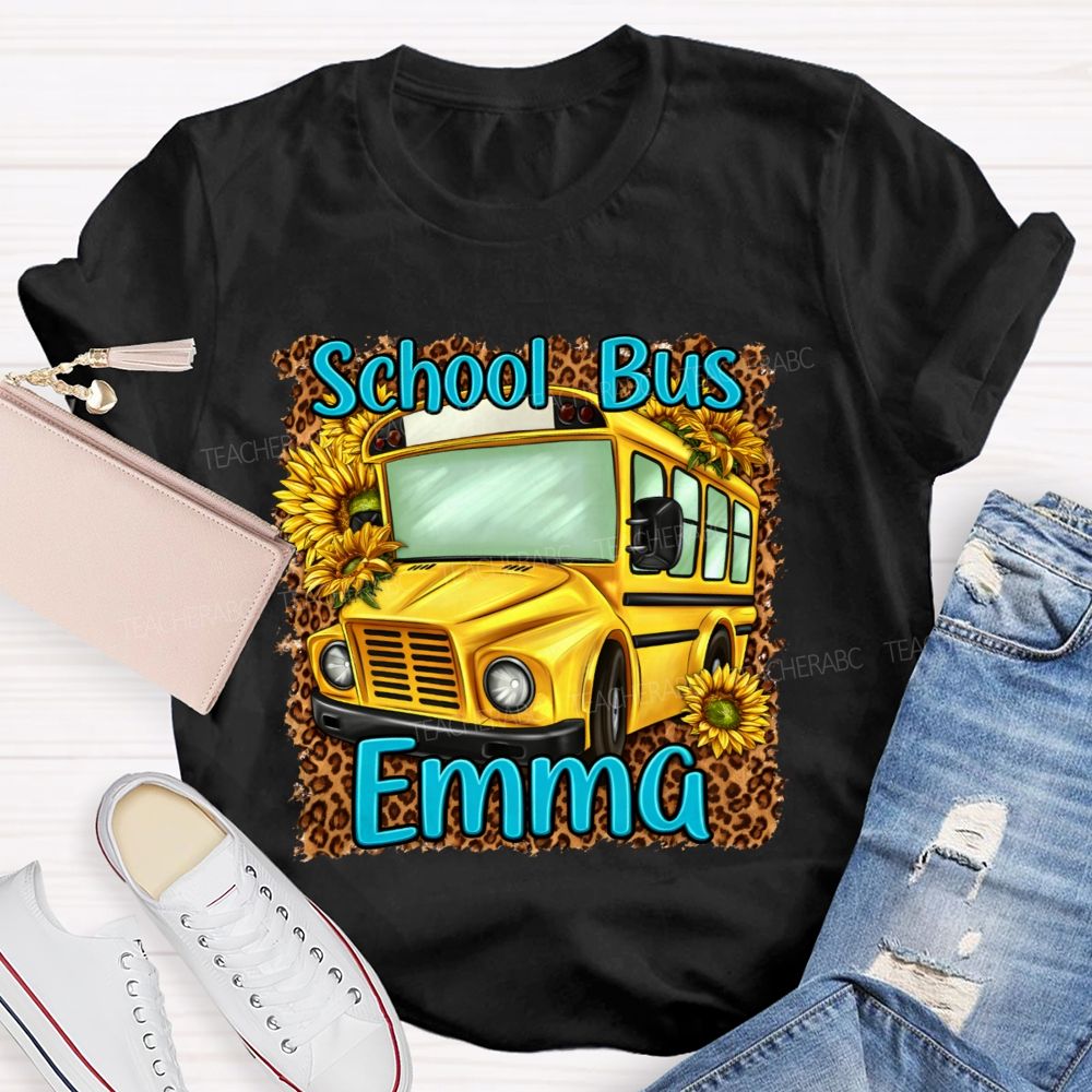 Personalized Name  School Bus Leopard Print Pattern  Teacher T-shirt