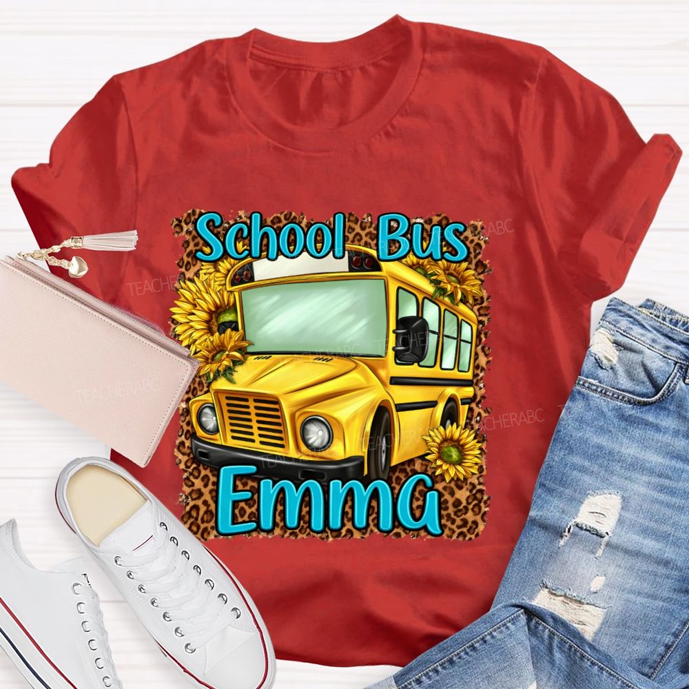 Personalized Name  School Bus Leopard Print Pattern  Teacher T-shirt