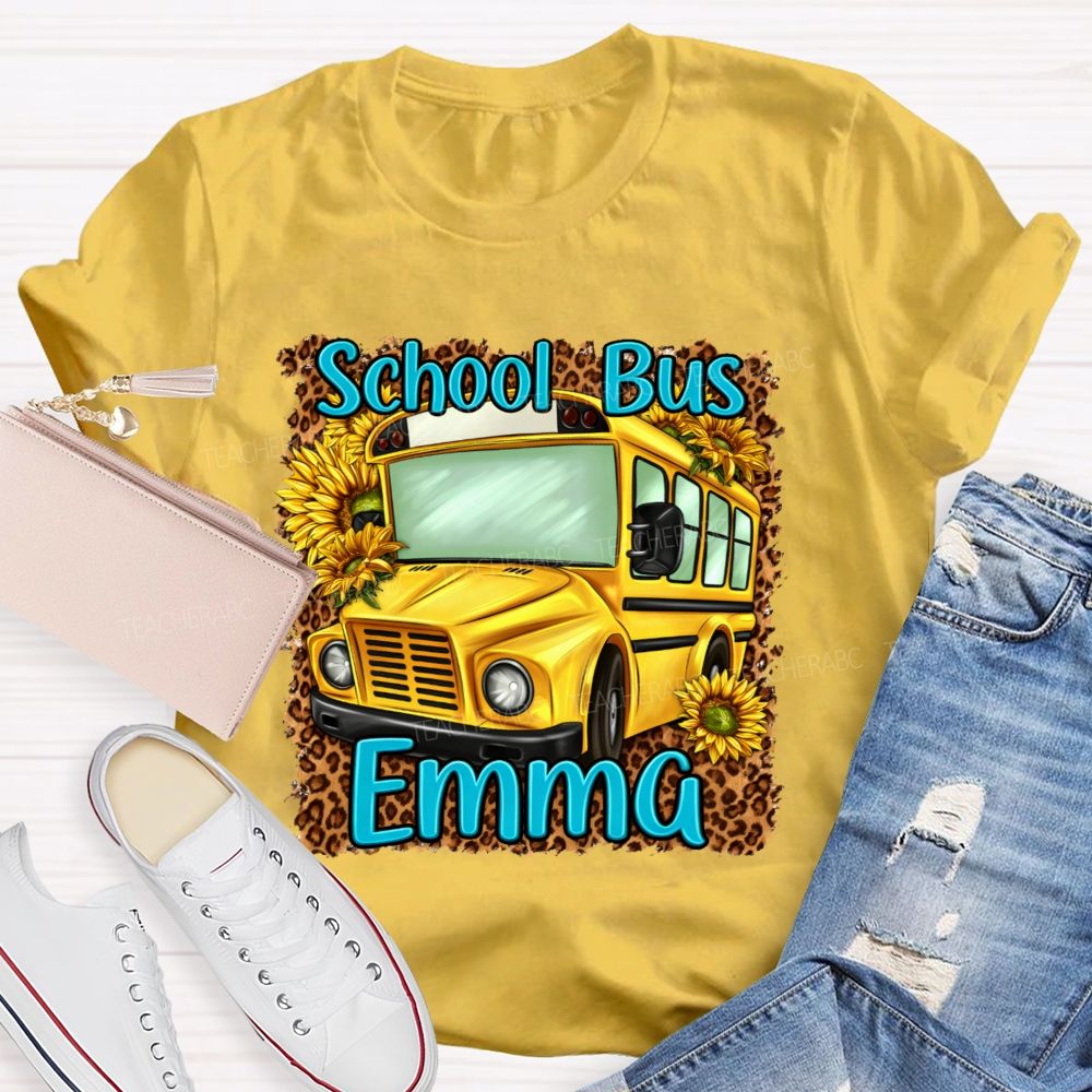 Personalized Name  School Bus Leopard Print Pattern  Teacher T-shirt