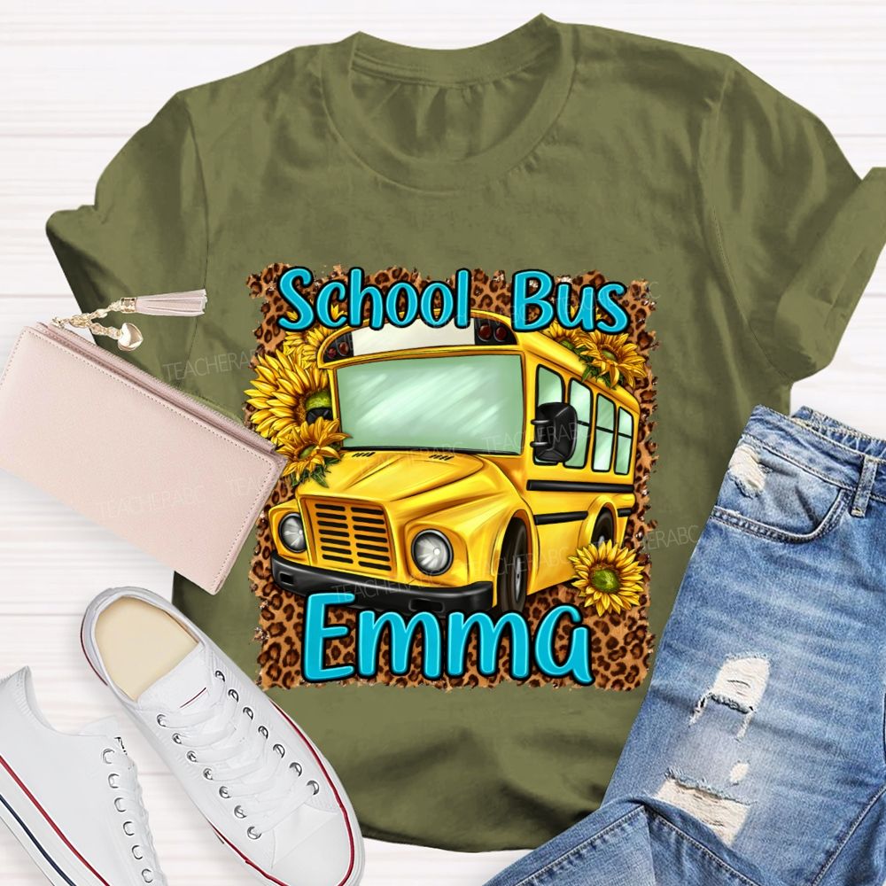 Personalized Name  School Bus Leopard Print Pattern  Teacher T-shirt