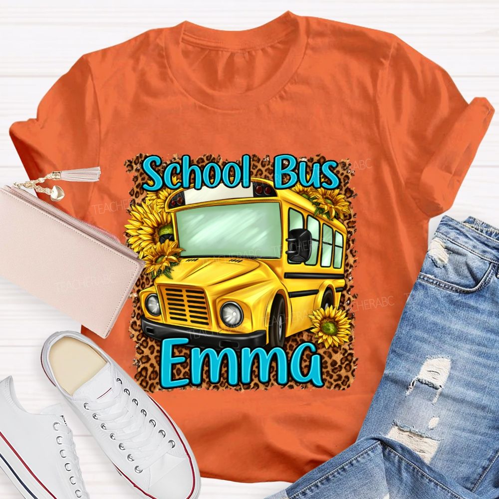 Personalized Name  School Bus Leopard Print Pattern  Teacher T-shirt