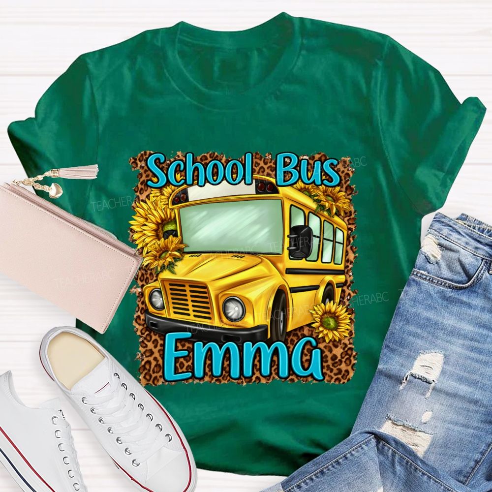 Personalized Name  School Bus Leopard Print Pattern  Teacher T-shirt