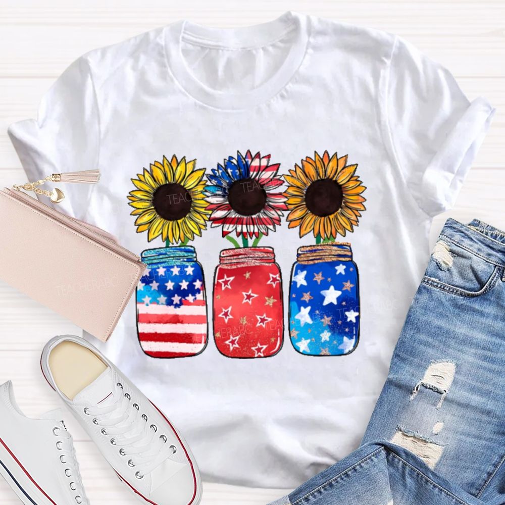 Independence Day Sunflower Graphics  Teacher T-shirt